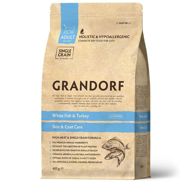 Сухой корм для кошек Grandorf White Fish & Turkey Skin & Care забота о коже и шерсти, белая рыба с индейкой, 400г