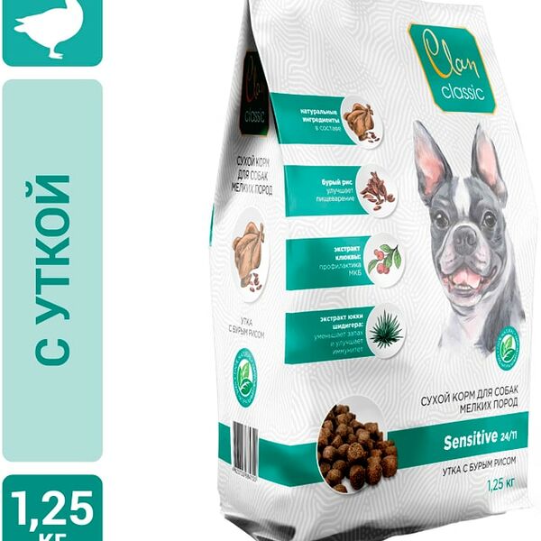 Сухой корм для собак Clan Classic Утка бурый рис 1.25кг