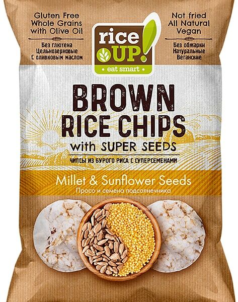 Чипсы Rice Up Цельнозерновые из воздушного бурого риса с семенами Просо 60г