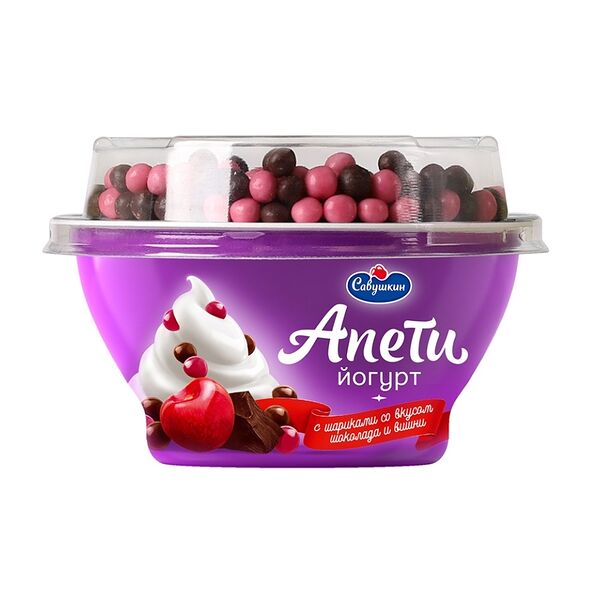 Йогурт густой Апети пломбир и злаковые шарики покрытые темным и белым шоколадом со вкусом вишни 5%, 105г