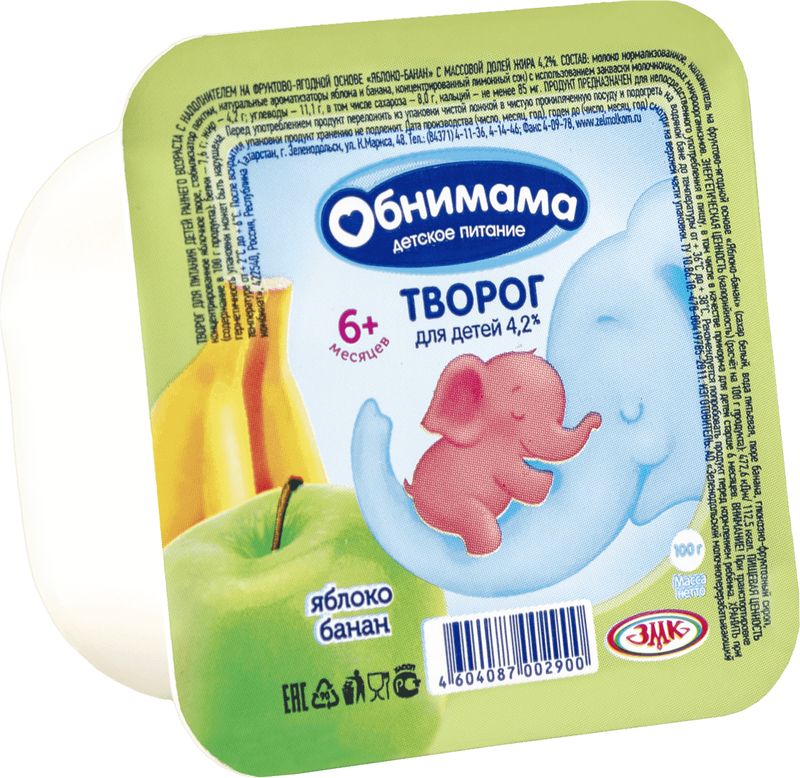 

Творог детский Обнимама яблоко-банан с 6 месяцев 4.2 % 100 г