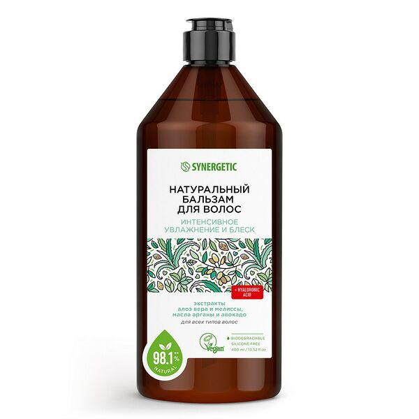 Натуральный бальзам для волос Synergetic Интенсивное увлажнение и блеск, 400 мл