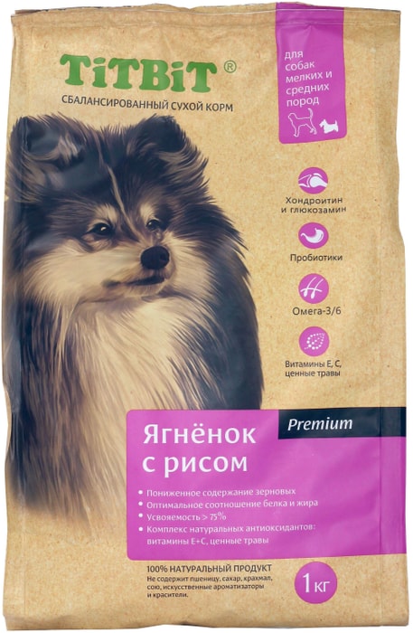 

Сухой корм Titbit Premium для собак мелких и средних пород ягнёнок с рисом 1 кг
