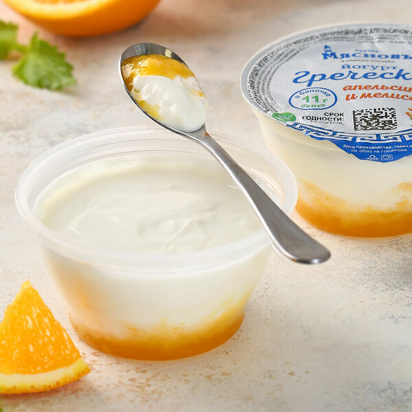 Йогурт греческий двухслойный с апельсином и мелиссой 4,6% МясновЪ Ферма от КуулКлевер 150 г