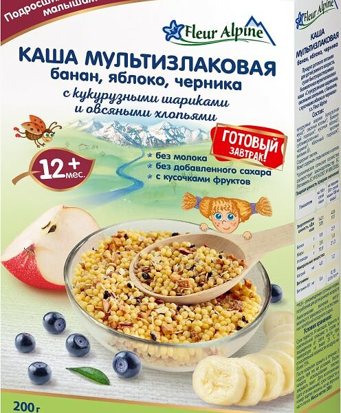 Каша Fleur Alpine Готовый завтрак мультизлаковая Банан Яблоко Черника с 12 месяцев 200г