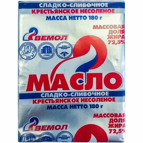 Масло сладко-сливочное Вемол крестьянское 72.5% 180 г