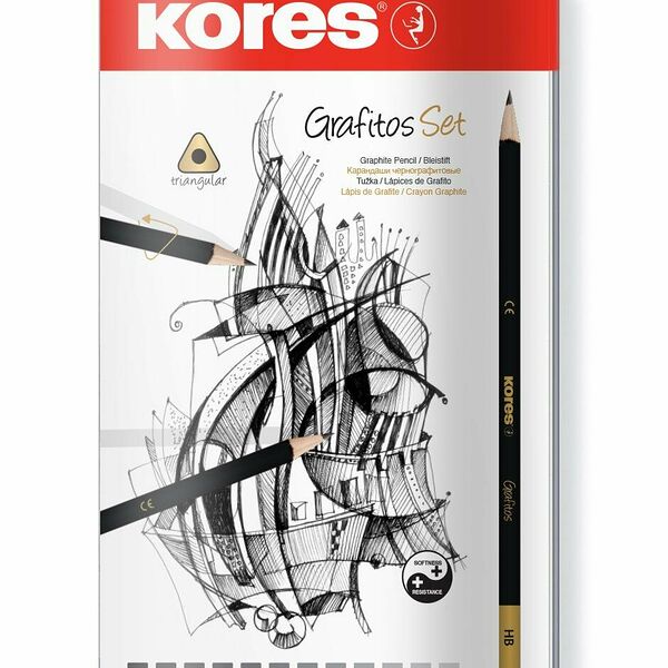 Карандаши простые Kores Grafitos, чернографитные, HB-8B, набор 12 шт