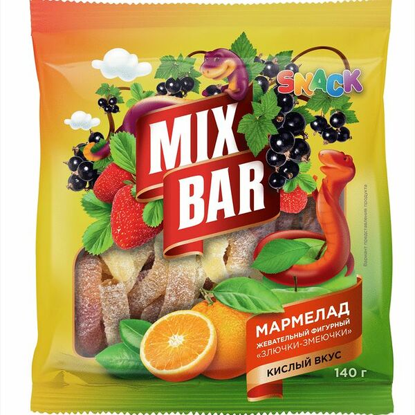 Мармелад MixBar Злючки Змеючки Кислый вкус жевательный 140г