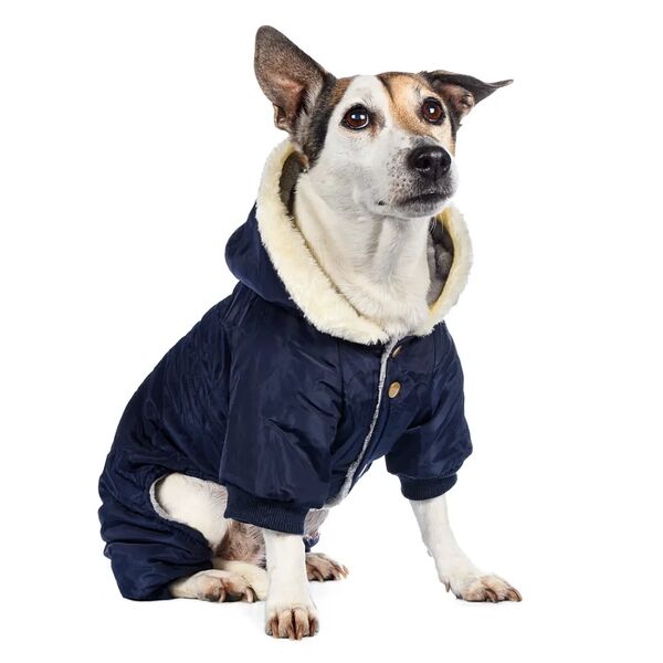 Комбинезон с меховым капюшоном для собак S синий (унисекс)