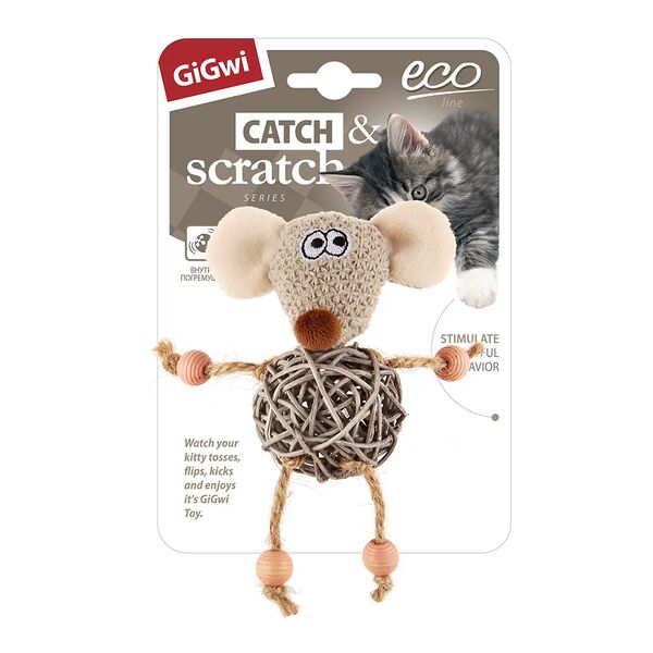 GiGwi Catch & Scratch Eco Мышка с плетеным мячиком и колокольчиком 8 см