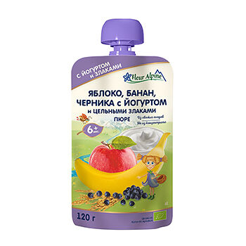 Пюре «Яблоко, банан, черника с йогуртом и цельными злаками» с 6 месяцев, Fleur Alpine Organic