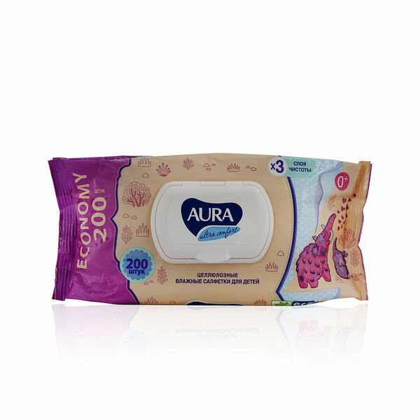 Влажные салфетки Aura детские , с крышкой 200шт