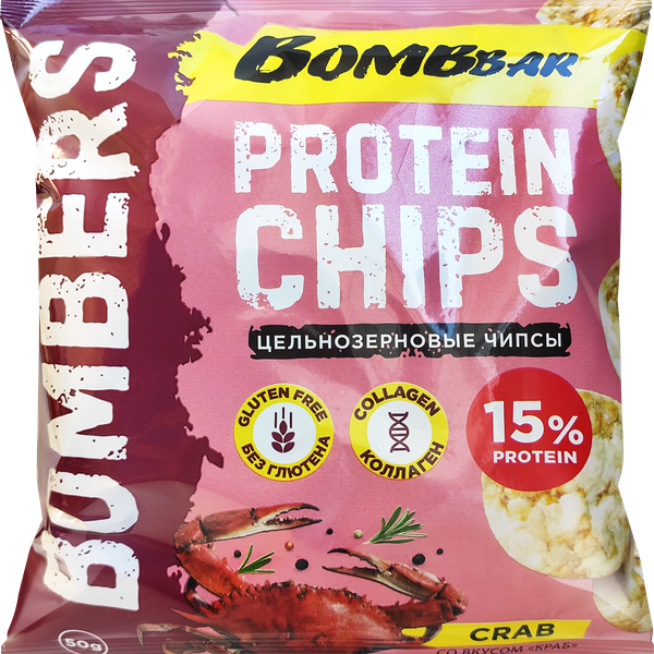 Чипсы цельнозерновые протеиновые BOMBBAR со вкусом краб, 50г