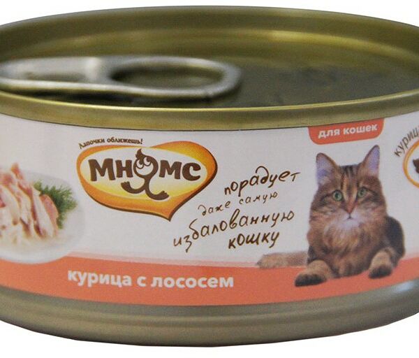 Мнямс консервы для кошек (кусочки в желе) Курица и лосось