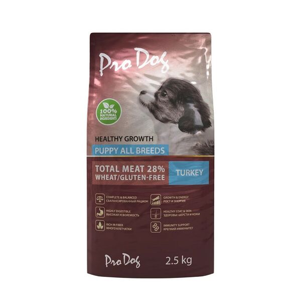 Корм для щенков PRO DOG для здорового роста и энергии, индейка сух.