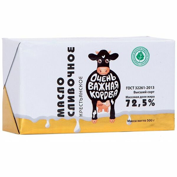 Масло сливочное Очень Важная Корова Крестьянское 72.5%, 500г