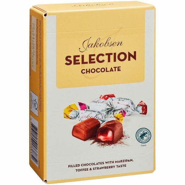 Шоколадные конфеты Jakobsen с начинкой из марципана со вкусом ириски и клубники, 125г