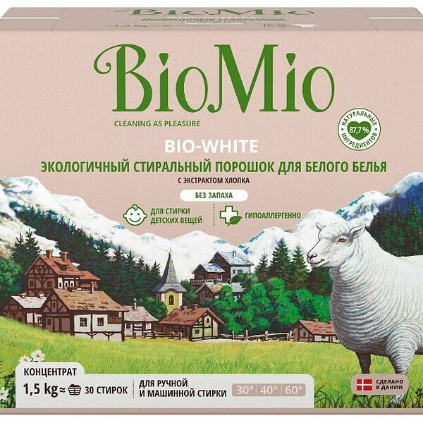 Гипоаллергенный  экологичный стиральный порошок без фосфатов для белого белья BIO-WHITE концентрат, без запаха, BioMio, 1.5 кг, Дания