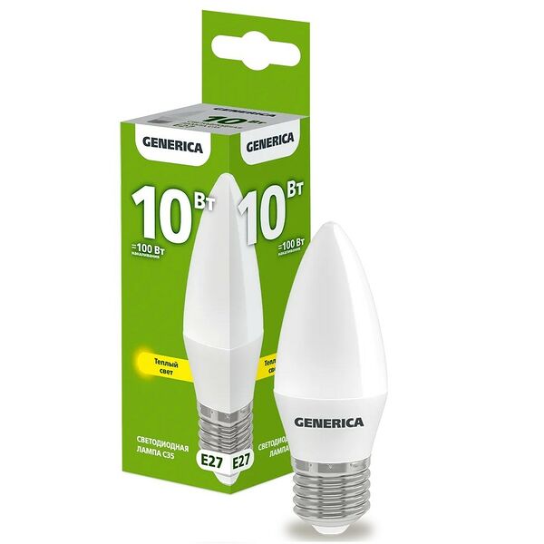 Лампа светодиодная IEK Generica, E27, 10 Вт, 3000К, 230 В, C35, свеча