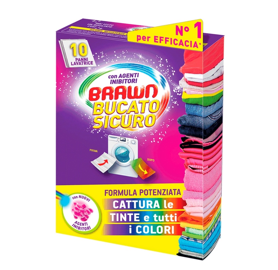 

Салфетки для стирки Brawn для белых и цветных вещей поддерживают и сохраняют цвета и оттенки 10 шт, Италия