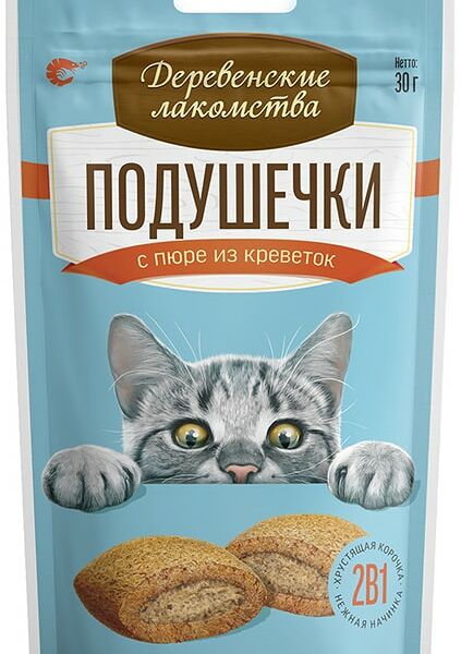 Лакомство для кошек Деревенские лакомства Подушечки с пюре из креветок