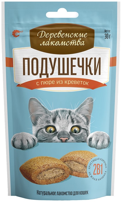 

Лакомство для кошек Деревенские лакомства Подушечки с пюре из креветок, 30 г
