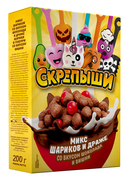 Готовый завтрак Скрепыши Микс шоколадных шариков и драже со вкусом вишни