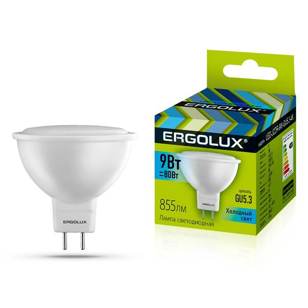 Лампа светодиодная ERGOLUX, GU5.3, 9 Вт, 4500К, 180-240 В