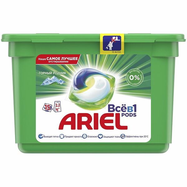 Капсулы для стирки Ariel Pods 3 в 1 Горный родник, 15 шт.