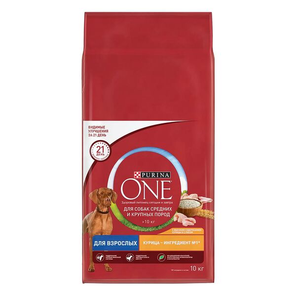Purina One корм для взрослых собак средних и крупных пород Курица и рис, 10 кг.