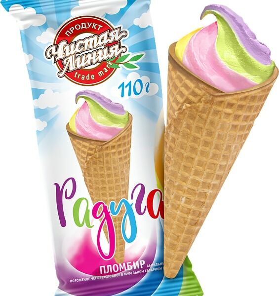 Мороженое Чистая линия Сахарный рожок Пломбир Радуга 110г