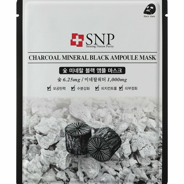Маска тканевая SNP Charcoal Mineral Black углем восстанавливающая гидролипидный баланс, 25 мл