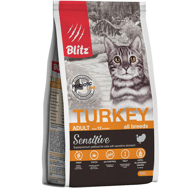 Blitz Sensitive Turkey Adult Cat All Breeds с индейкой для взрослых кошек всех пород 400 г