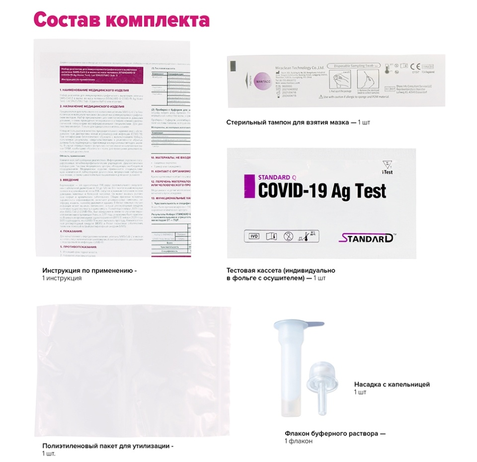 

Набор реагентов для иммунохроматографического выявления антигена SARS-CoV-2 в мазке из носа человека (standard q covid-19 Ag Home Test)
