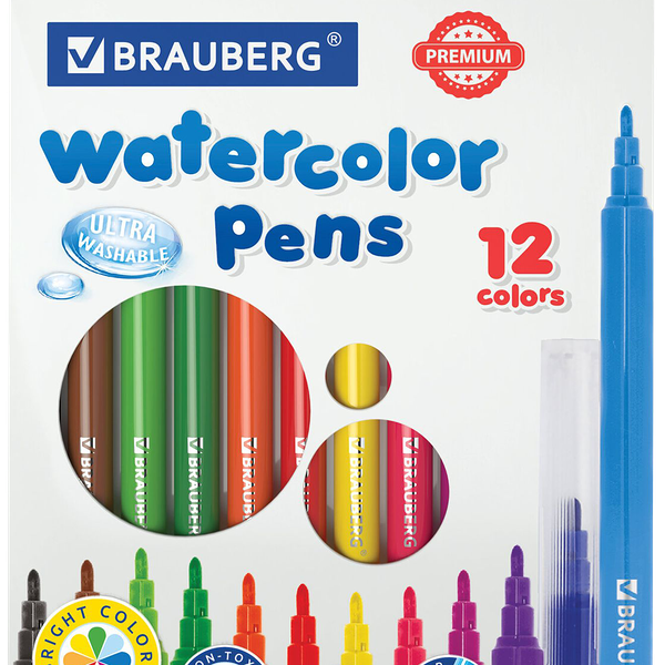 Фломастеры BRAUBERG Premium ультрасмываемые, классические, 12 цветов