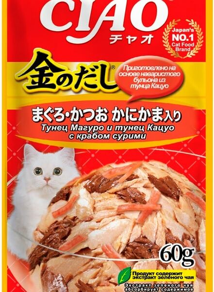 Корм консервированный для взрослых кошек INABA CIAO Kinnodashi Тунец магуро и Тунец кацуо с крабом сурими