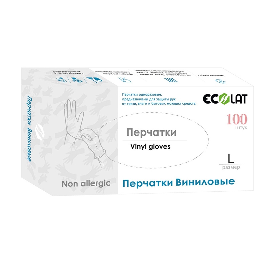 

Перчатки Ecolat виниловые 100шт размер L Китай