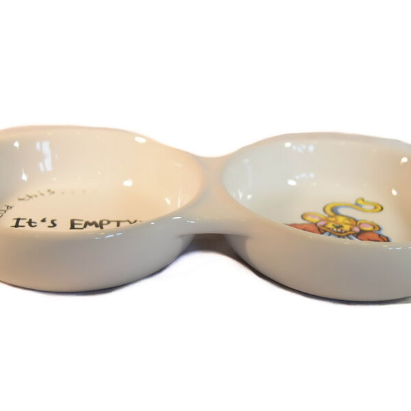 Petmax Миска для кошек двойная с рис. Мышь 2*150мл 11см белая керамика