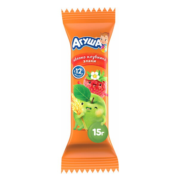 Фруктовый Батончик Агуша Яблоко-Клубника-Злаки, с 12 месяцев, 15г