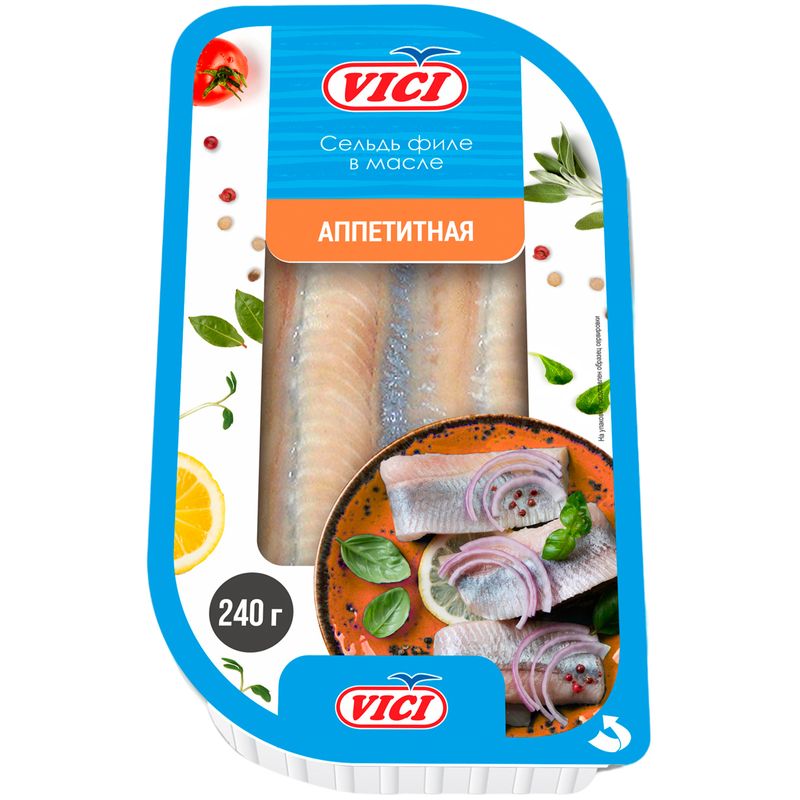 

Сельдь Vici Аппетитная тихоокеанская филе соленая в масле с пряностями 240 г