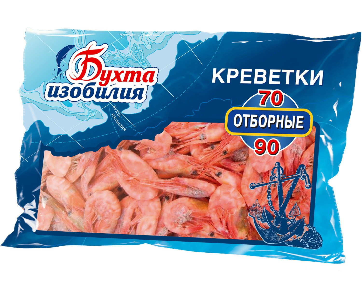 

Креветки варено-мороженые Бухта изобилия Отборные неразделанные 70/90 850 г