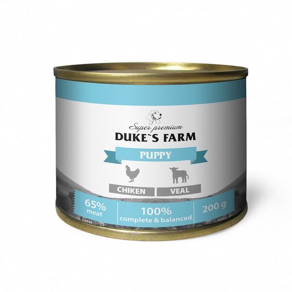 Корм для щенков DUKE'S FARM Паштет из курицы с телятиной банка 200г (упаковка - 24 шт)