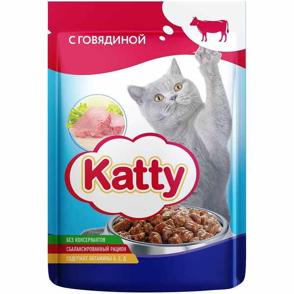 Корм влажный Katty с говядиной для кошек 85г