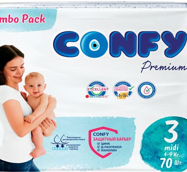 Подгузники Confy Premium Jumbo Размер 3 4-9кг 70шт
