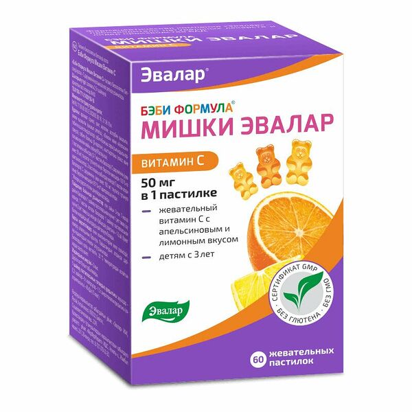 Бэби формула мишки Эвалар витамин С 60 шт пастилки жевательные с апельсиновым и лимонным вкусом
