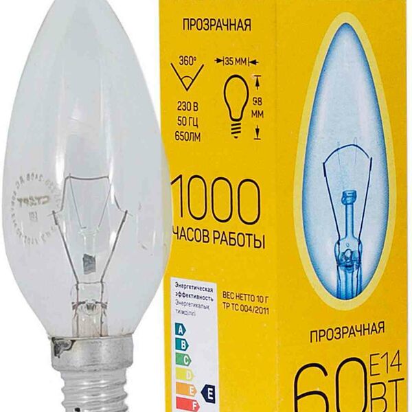 Лампа накаливания Старт Е14 прозрачная, свеча, 60 Вт