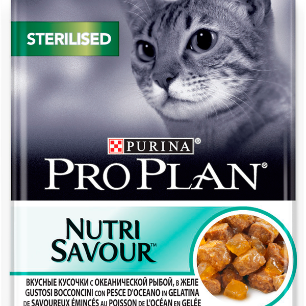 Корм консервированный для взрослых кошек PURINA PRO PLAN Nutri Savour с океанической рыбой, кусочки в желе, для стерилизованных и кастрированных, 85г