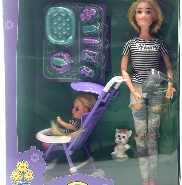 Кукла-Няня с ребёнком на прогулке с коляской