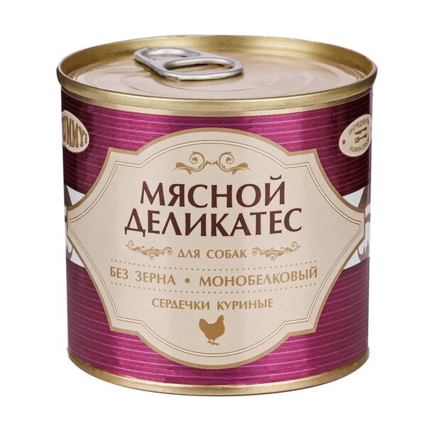 Мясной Деликатес консервы для собак, с натуральными куриными сердечками в желе