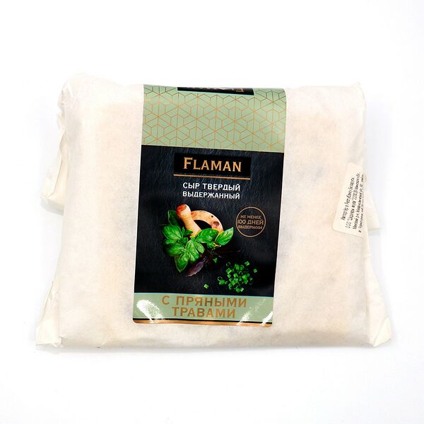 Сыр твёрдый выдержанный с пряными травами 40 %  200г в/у из полимерного материала  в бумажной обвёртке Flaman